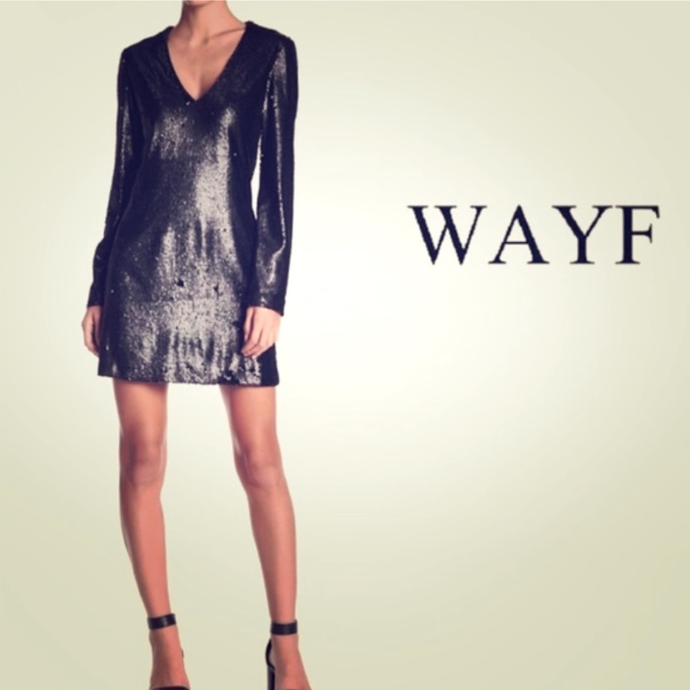 WAYF black Dragoness Sequins Sheath long sleeve mini dress. Size large. NWT!